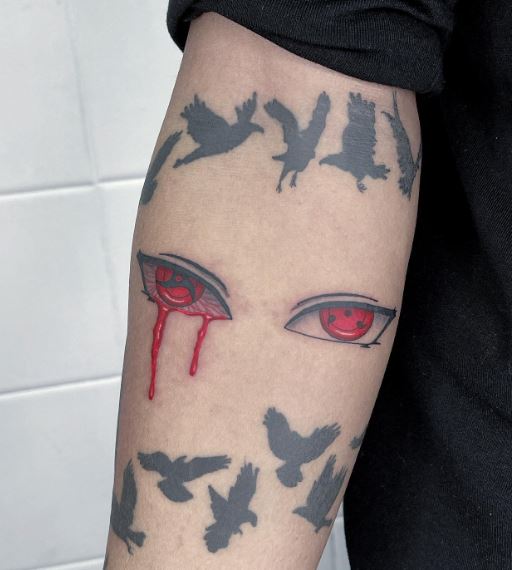 Birds and Itachi Sharingan Arm Tattoo