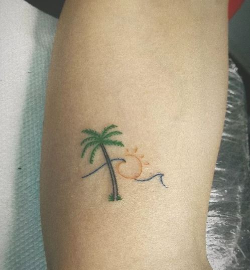 Colorful Sun and Palm Tree with Wave Arm Tattoo