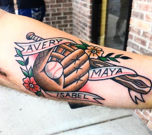 Baseball Equipment with Flowers and Names Forearm Tattoo