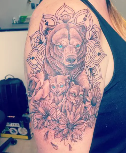 Floral Mandala and Mama Bear with Cubs Arm Half Sleeve Tattoo