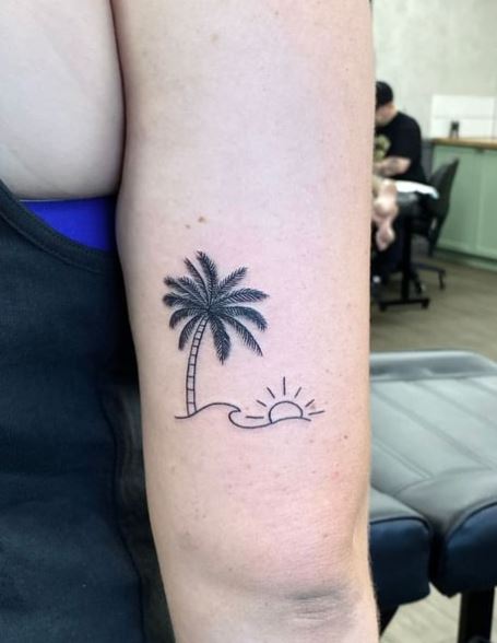 Sun and Palm Tree with Wave Arm Tattoo