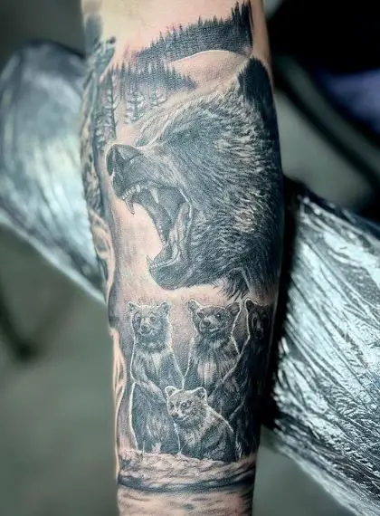 Angry Mama Bear with Cubs Arm Half Sleeve Tattoo