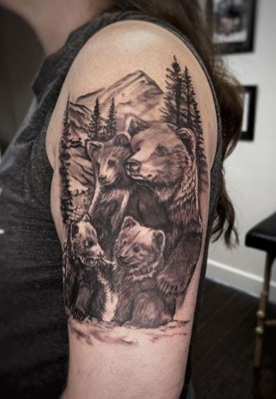 Mountain Landscape and Mama Bear with Cubs Arm Half Sleeve Tattoo