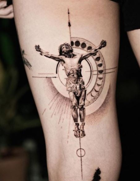 Symmetrical Crucified Jesus Thigh Tattoo