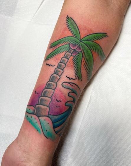 Colorful Birds and Palm Tree with Wave Forearm Tattoo