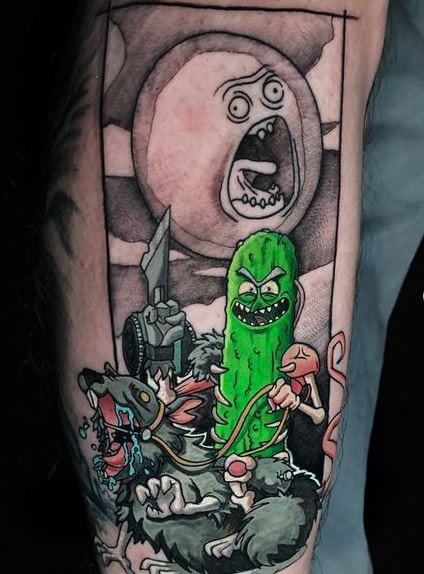 Colorful Rat and Pickle Rick Leg Tattoo