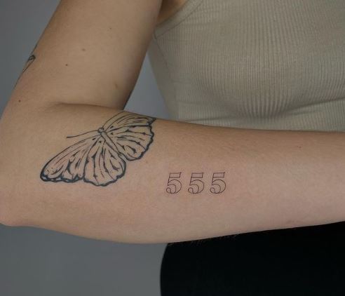 Butterfly and 555 Angel Number Forearm Tattoo