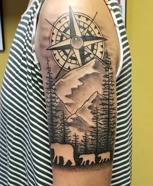 Compass, Mountain and Mama Bear with Cubs Arm Half Sleeve Tattoo