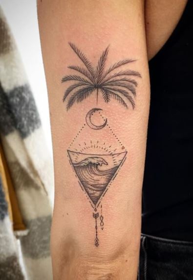 Moon, Sun and Palm Tree with Waves Arm Tattoo