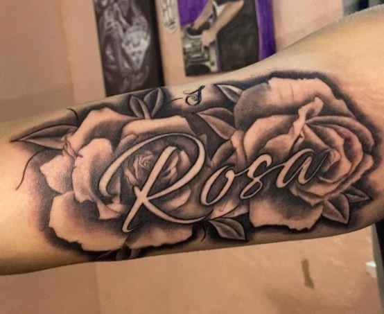 Roses and Rosa Script Inner Biceps Tattoo