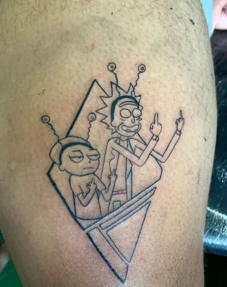 Rick and Morty Giving Middle Fingers Thigh Tattoo