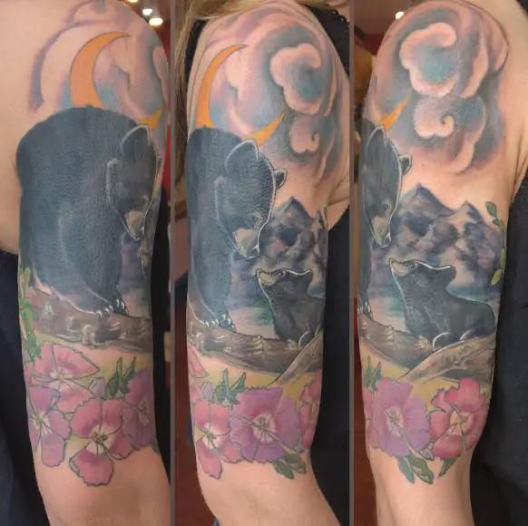 Colorful Flowers and Mama Bear with Cub Arm Half Sleeve Tattoo