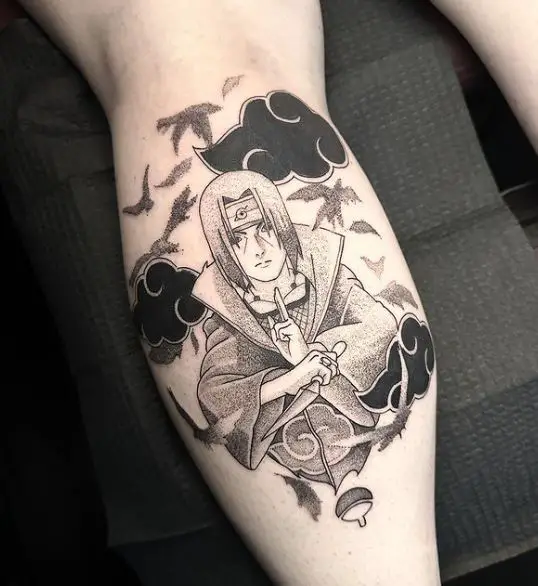 Black and Grey Crows and Itachi Leg Tattoo