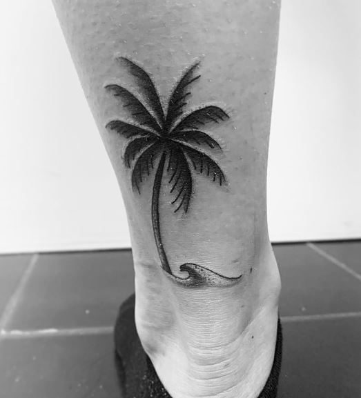 Black Palm Tree with Wave Ankle Tattoo