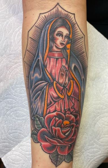 Colorful Rose and Virgin Mary Forearm Tattoo