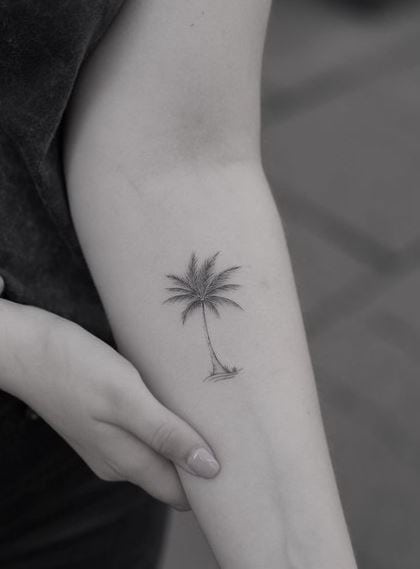 Minimalistic Palm Tree with Island Forearm Tattoo