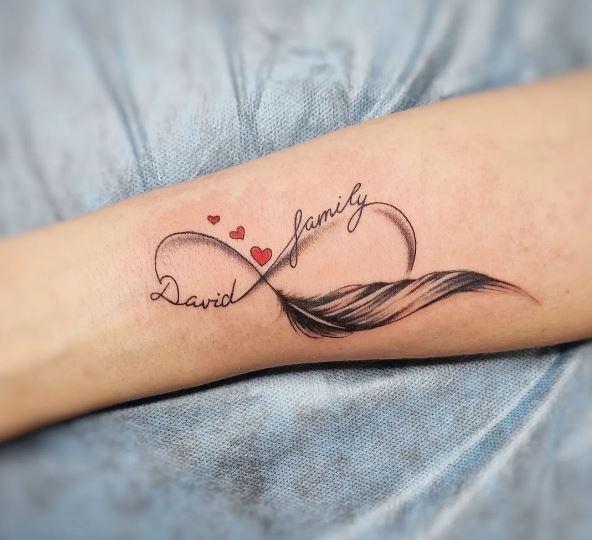 Hearts and Feather Infinity Symbol with Script Forearm Tattoo