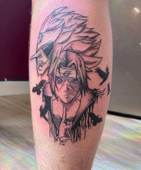 Black and Grey Itachi Susanoo Leg Tattoo