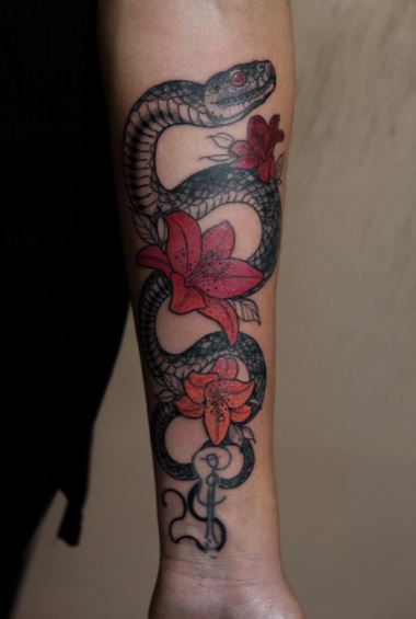 Colored Flowers and Snake Forearm Half Sleeve Tattoo