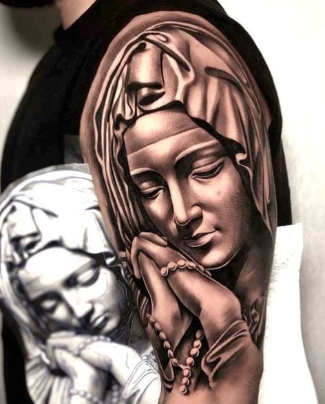 Shaded Praying Virgin Mary Arm Tattoo