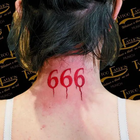 Bloody Red 666 Angel Number Neck Tattoo