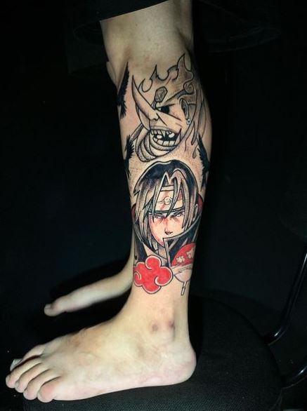 Black and Red Itachi Susanoo Leg Tattoo