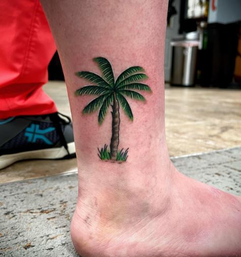 Colored Palm Tree with Island Ankle Tattoo