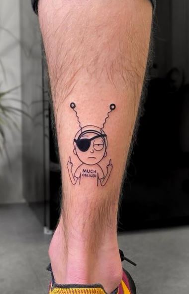 Morty with Eye Patch Giving Middle Fingers Leg Tattoo