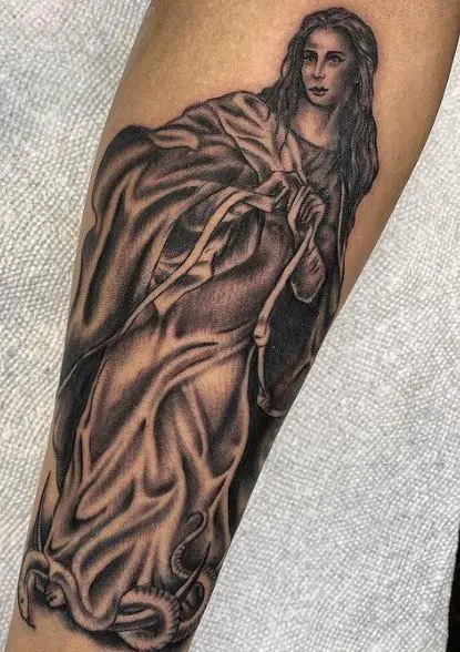 Grey Shaded Virgin Mary Forearm Tattoo