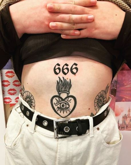 Black 666 Angel Number Stomach Tattoo