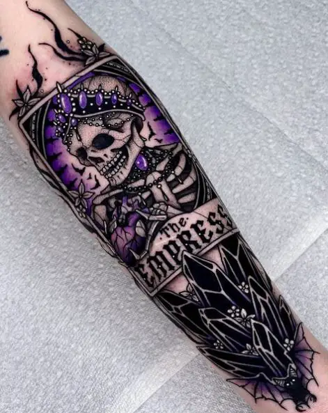 Gothic Empress Skeleton with Crown Forearm Sleeve Tattoo