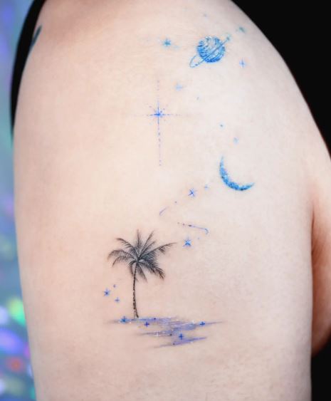 Moon, Saturn and Palm Tree with Island Arm Tattoo