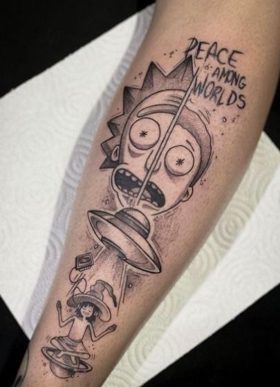 Clarence, Rick and Morty with Space Ship Forearm Tattoo