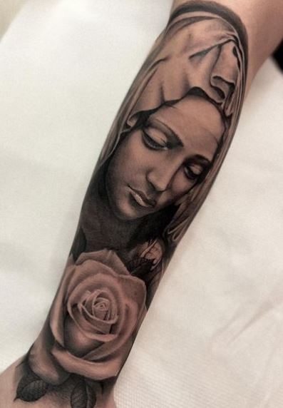 Shaded Rose and Virgin Mary Forearm Tattoo