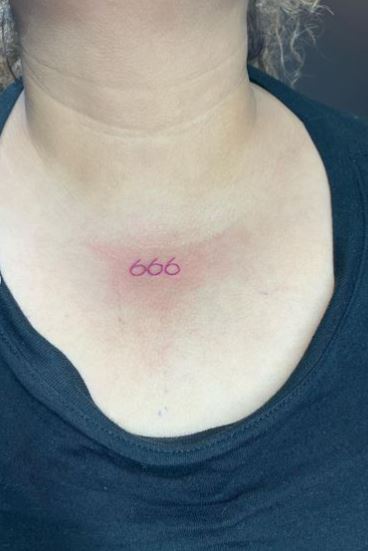 Red 666 Angel Number Sternum Tattoo