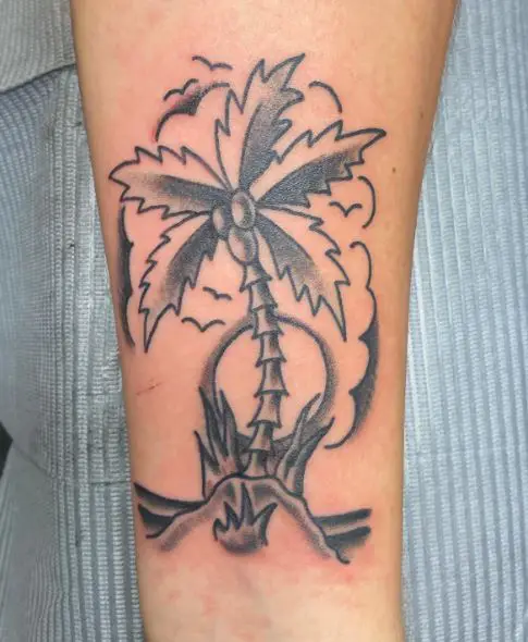 Sun and Palm Tree with Island Forearm Tattoo