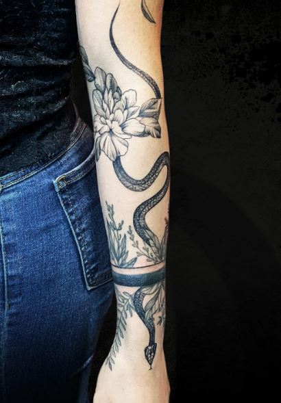 Black and Grey Flowers and Snake Forearm Half Sleeve Tattoo