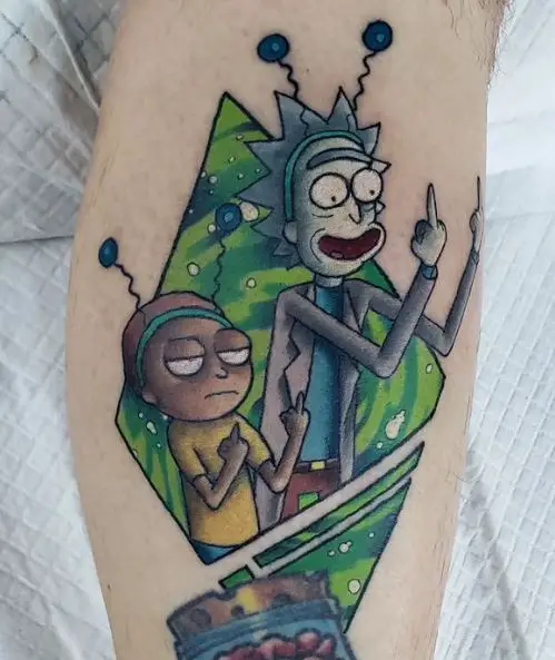 Colorful Rick and Morty Giving Middle Fingers From Portal Tattoo