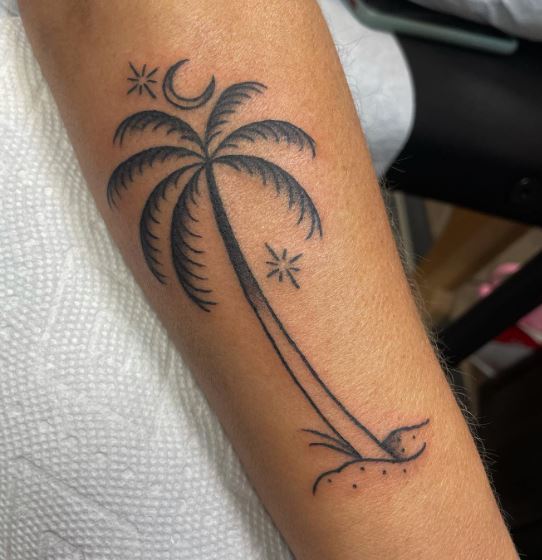 Moon, Stars and Palm Tree with Island Forearm Tattoo