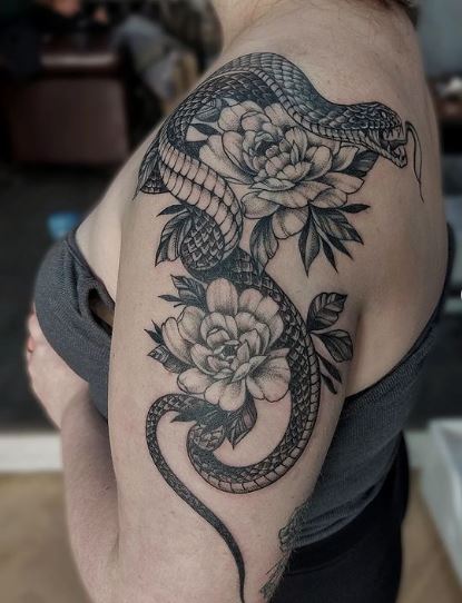 Black and Grey Flowers and Snake Arm Half Sleeve Tattoo