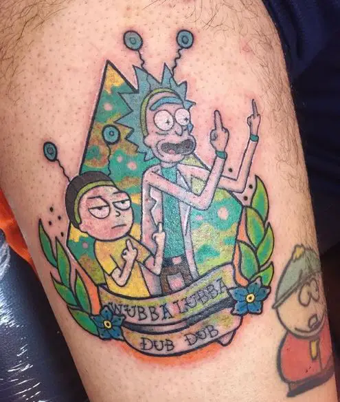 Laurel Wreath and Rick and Morty Giving Middle Fingers Tattoo