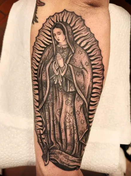 Black and Grey Virgin Mary Forearm Tattoo