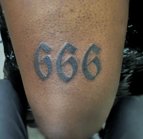 Black 666 Angel Number Thigh Tattoo