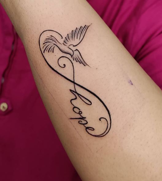 Bird and Infinity Symbol with Script Forearm Tattoo