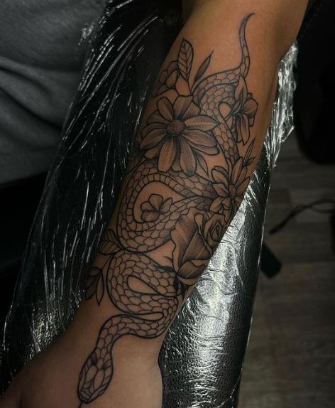 Black and Grey Flowers and Snake Forearm Half Sleeve Tattoo