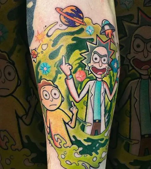 Colorful Rick and Morty Giving Middle Fingers From Portal Arm Tattoo