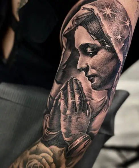 Praying Virgin Mary Arm Sleeve Tattoo