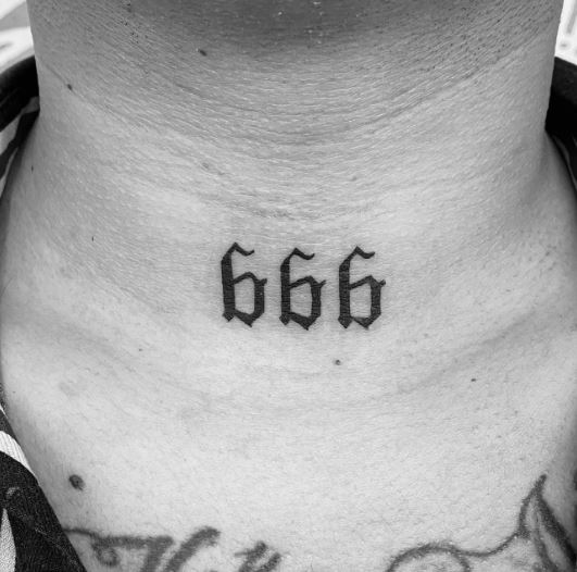 Black 666 Angel Number Throat Tattoo