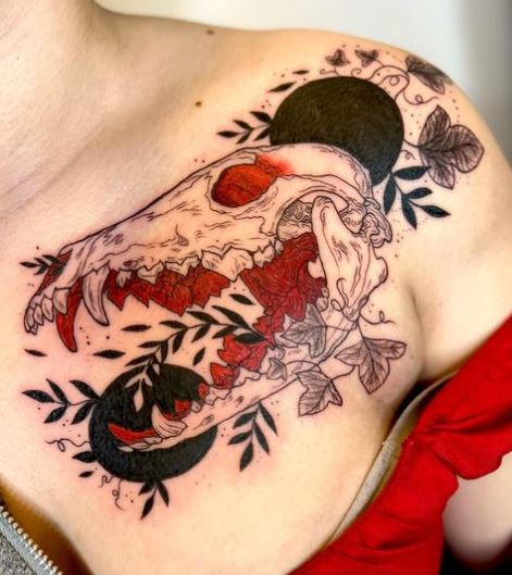 Herbs and Colored Gothic Skull Chest Tattoo