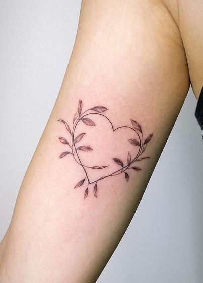 Grey Leaves and Heart Biceps Tattoo